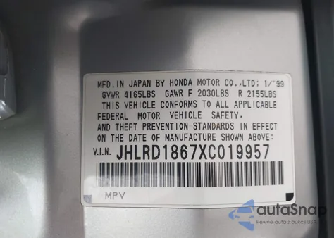 1999 Honda Cr-V Ex из США, поврежденный, VIN JHLRD1867XC019957